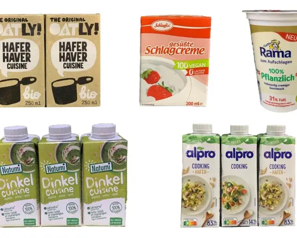 Verschiedene pflanzliche Sahne-Alternativen zum Kochen und Aufschlagen: Oatly Hafer Cuisine, Schlagfix, Rama und Alpro Hafer.