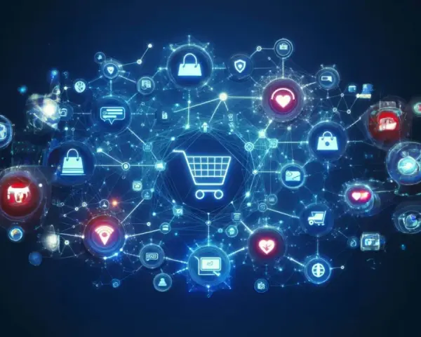 Rete di icone digitali con carrello al centro, che illustra i vantaggi e-commerce: acquisti, pagamenti sicuri, spedizioni e connessioni globali.