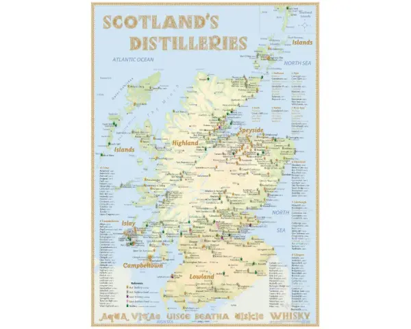 Karte der Whisky Regionen Schottlands mit Destillerien. Entdecke die Vielfalt der schottischen Whisky Regionen.