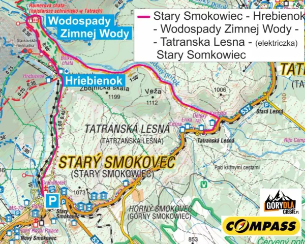 Mapa turystyczna Tatr z zaznaczonymi szlakami, miejscowościami Stary Smokowiec, Hrebienok i Wodospady Zimnej Wody.