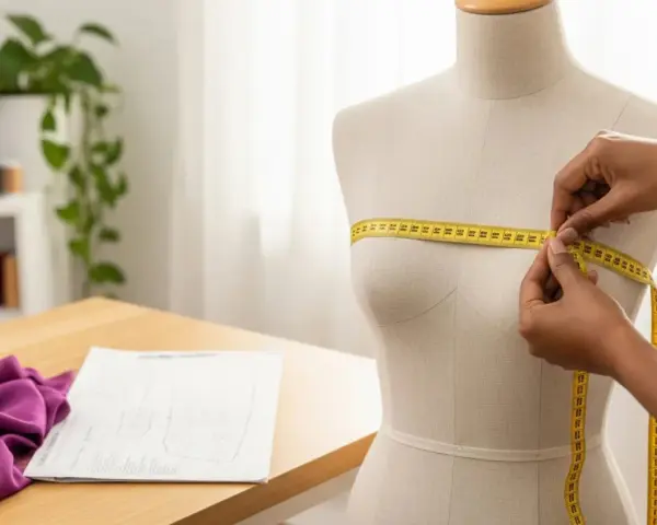 Manos midiendo un maniquí con cinta métrica amarilla, demostrando cómo tomar las medidas del cuerpo para confección.
