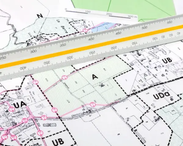 Na mapie terenowej, z naniesioną legendą MPZP, leży linijka geodezyjna.