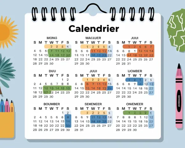 Calendrier coloré avec des crayons, un soleil et un palmier, parfait pour planifier les vacances scolaires à Amsterdam.