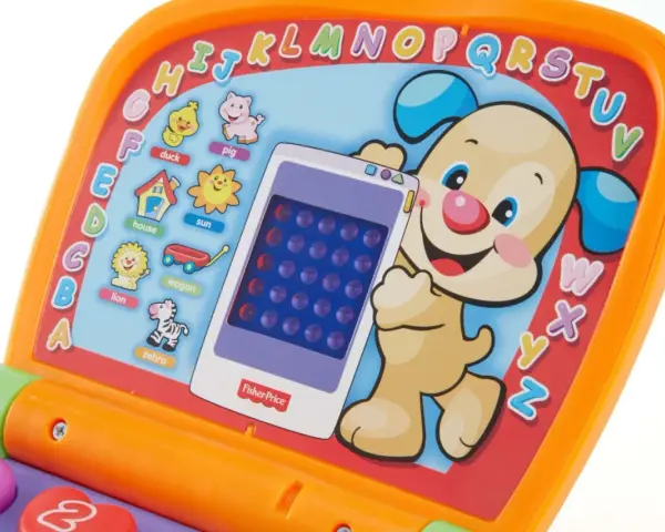 Kolorowy Fisher Price laptop z pieskiem i literkami. Uczy dzieci alfabetu i słówek.