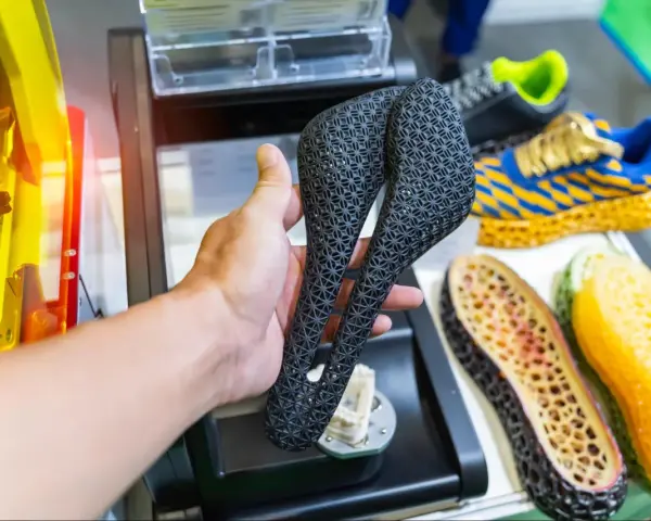 A hand holds a black, intricately patterned bicycle saddle, likely made from tpu material. In the background, colorful 3D-printed shoe soles and a shoe are visible.