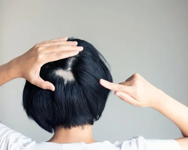 Eine Frau entdeckt kreisrunden Haarausfall am Hinterkopf. Ihre Hände berühren die kahle Stelle, die sich deutlich vom dunklen Haar abhebt.
