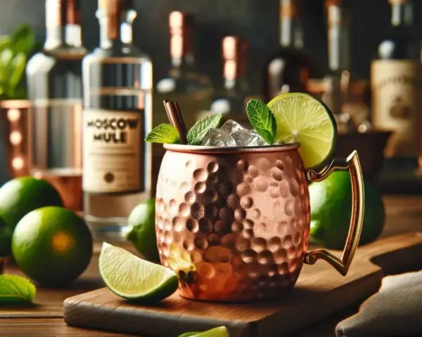 Orzeźwiający Moscow Mule w miedzianym kubku, z limonką i miętą. Obok butelka z etykietą "Moscow Mule" i świeże limonki.