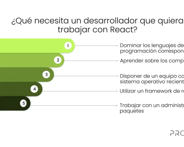 Lista de requisitos para un desarrollador que quiere trabajar con React: dominar lenguajes, aprender componentes, equipo actualizado, framework de renderizado y administrador de paquetes.