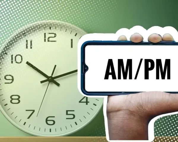 Eine Uhr und ein Smartphone mit "AM/PM" darauf. Das Bild erklärt die englischen Uhrzeiten am und pm.