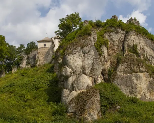 Zamek w Ojcowie góruje nad wapiennymi skałami, otoczony bujną zielenią.