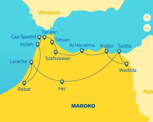 Mapa podróży po Maroku z Hiszpanii. Trasa obejmuje Tanger, Szafszawan, Fez, Rabat i inne miasta.