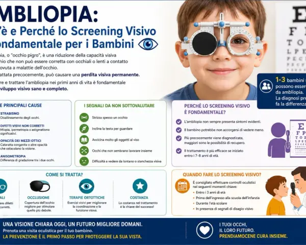 Bambino con occhiali da vista speciali per testare l'ambliopia, "occhio pigro". Sintomi da non sottovalutare e importanza dello screening visivo precoce.