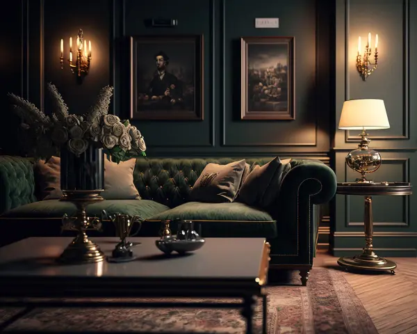Elegancka, zielona sofa w stylu gotyckim, ozdobiona poduszkami, stoi w przytulnym salonie. Obok niej, złota lampa i obrazy na ścianie dodają wnętrzu charakteru.
