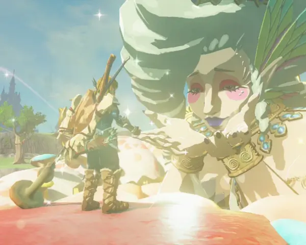Link interactúa con una gigante en Hyrules, un momento épico de Tears of the Kingdom.