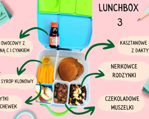 Lunchbox z kasztanowymi racuszkami, owocowym shotem i marchewkowymi frytkami – idealne placuszki dla dzieci na zdrowy posiłek.