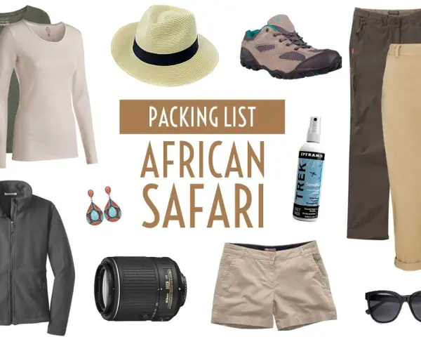 Jakie buty na safari w Kenii? Wygodne trekkingowe, do tego beżowe spodnie, bluza polarowa, kapelusz, okulary, biżuteria i aparat.