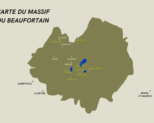 Carte du massif du Beaufortain, montrant les lacs de Roselend et Saint-Guérin, ainsi que des lieux comme Beaufort, Arêches et Albertville.