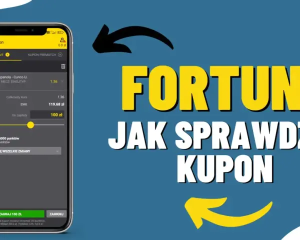 Aplikacja mobilna Fortuna pokazuje, jak sprawdzić kupon. Widoczny jest kupon z kursem 1.36 i kwotą do zapłaty 100 zł.