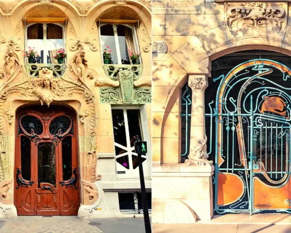 Portes et grilles en architecture art nouveau, ornées de courbes organiques et de visages féminins.