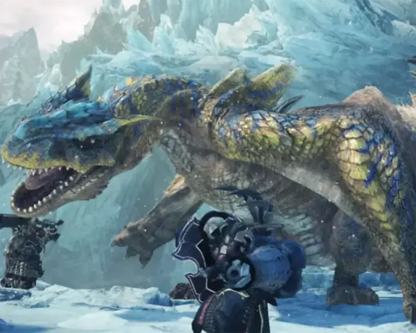 Cazadores se enfrentan a un dragón en un paisaje helado. ¡Una escena épica de Monster Hunter World!