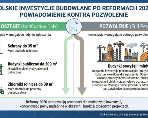 Polskie inwestycje budowlane po reformach 2026: zgłoszenie vs pozwolenie. Jak uniknąć problemów z urzędem budowlanym? Schemat wyjaśnia, co wymaga zgłoszenia, a co pozwolenia.