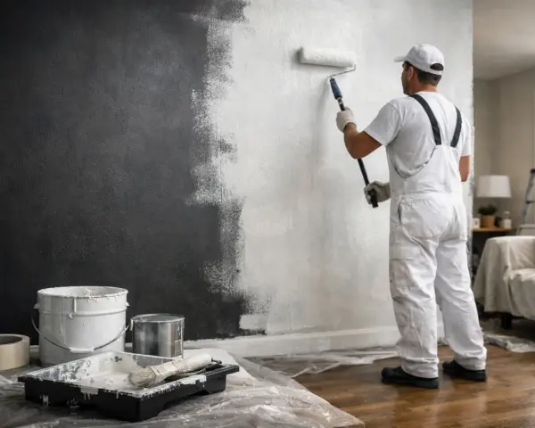 Un peintre en salopette blanche est en train de repeindre un mur de couleur sombre en blanc, utilisant un rouleau.