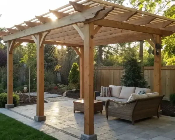 A beautiful wooden pergola, a perfect example of how to build a pergola, offers shade over a patio with outdoor furniture.