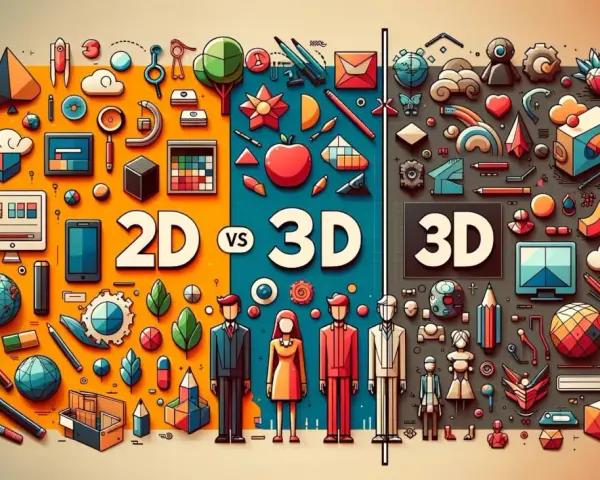Kolorowe ikony ilustrujące świat 2D i 3D, od płaskich kształtów po bryły.
