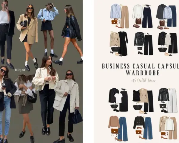 Modelli di outfit business casual. Il significato di "tinta unita" si riflette nella scelta di capi versatili e monocromatici per creare un guardaroba funzionale.