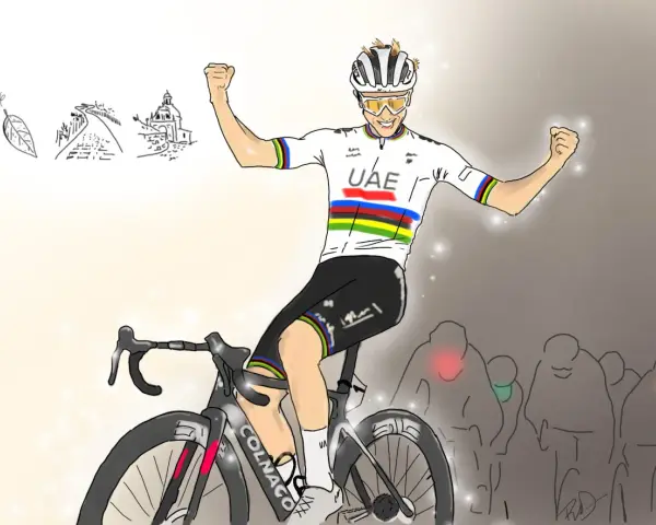 Tadej Pogačar celebrates a victory at the Tour de France, with sketches of iconic landmarks in the background.