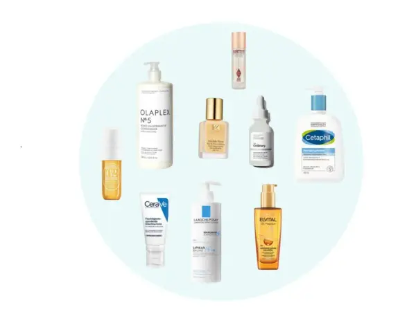 Collage verschiedener Kosmetikprodukte von Marken wie Olaplex, CeraVe, Cetaphil und The Ordinary.