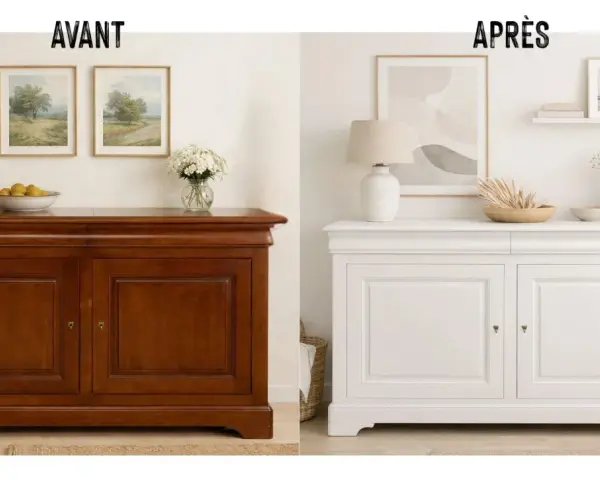 Avant/Après : un meuble buffet en bois verni transformé en blanc lumineux. Une belle rénovation pour ce meuble bois.