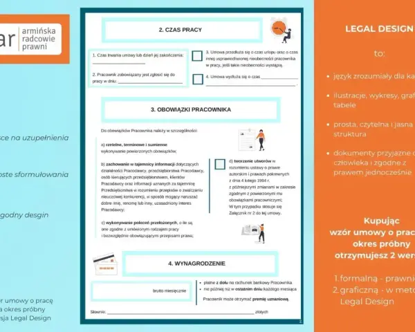 Wzór umowy o pracę na okres próbny w wersji Legal Design, z miejscem na uzupełnienia i prostymi sformułowaniami.