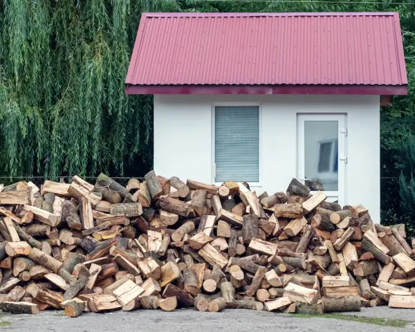 Duża sterta drewna opałowego przed białym budynkiem, z gęstym lasem w tle. Odległość budynku od lasu jest niewielka.