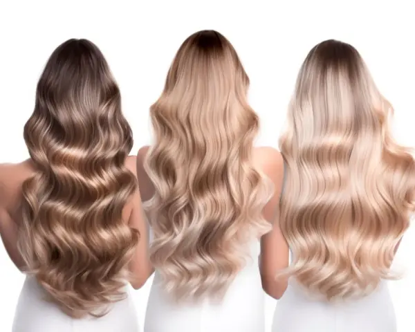 Trzy kobiety z falującymi włosami. Jedna ma ciemne, dwie pozostałe w odcieniach blond. Delikatny **air touch blond** na ich głowach.