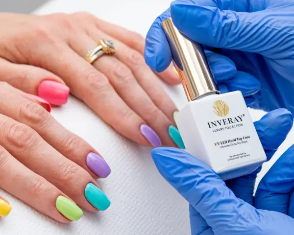 Kolorowy manicure hybrydowy krok po kroku. Dłoń z paznokciami w pastelowych barwach, kosmetyczka trzyma buteleczkę lakieru.