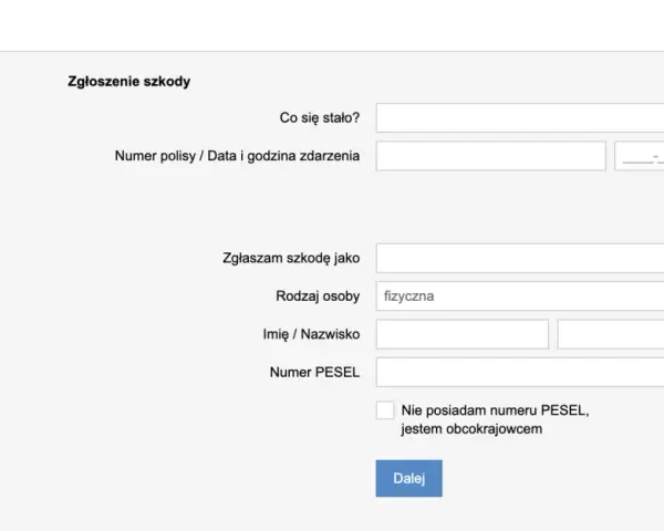Formularz zgłoszenia szkody w Hestii. Wpisz dane zdarzenia, polisy, osoby zgłaszającej i numer PESEL.
