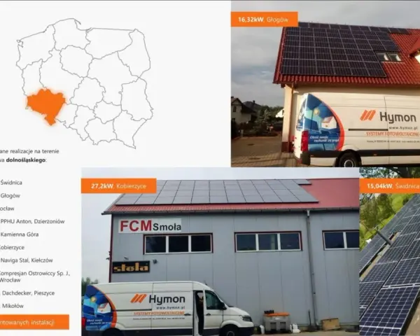 Hymon fotowoltaika: realizacje na Dolnym Śląsku, w tym instalacje w Głogowie, Wrocławiu i Świdnicy. Van Hymon z hasłem "Obniż swoje rachunki za prąd".
