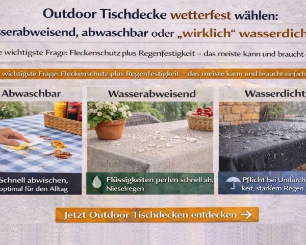 Outdoor-Tischdecken: abwaschbar, wasserabweisend oder wirklich wasserdicht? Für Schutz bei jedem Wetter, auch bei starkem Regen, ist eine wasserdichte Tischdecke ideal.