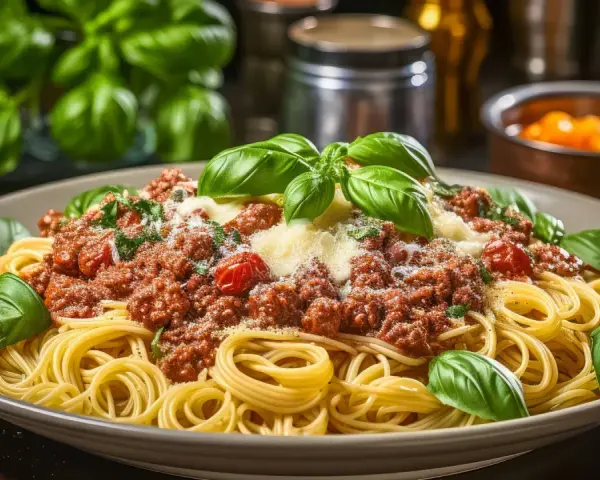 Ein Teller Spaghetti mit einer reichhaltigen, fleischigen Bolognese-Sauce, garniert mit frischem Basilikum und Parmesan. Das ist die beste Bolognese!