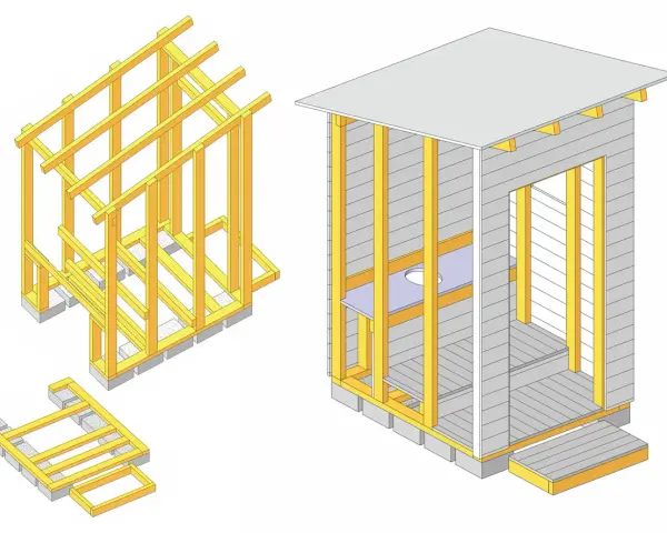 Illustration visar steg för att bygga utedass: stomme, golv och tak.