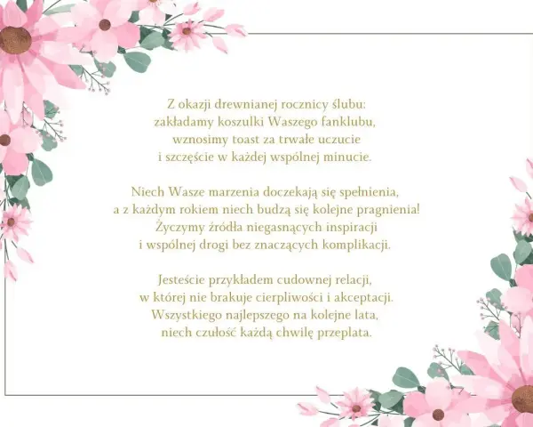 Z okazji 2 rocznicy ślubu życzymy spełnienia marzeń, inspiracji i szczęścia. Niech czułość przeplata każdą chwilę.