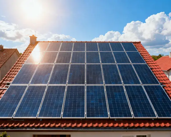 Panele fotowoltaiczne na dachu domu, łapiące promienie słońca. Ich żywotność zapewnia zieloną energię na lata.