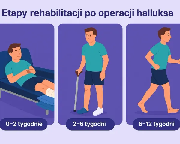 Etapy rehabilitacji po operacji haluksów: odpoczynek (0-2 tyg.), z kulą (2-6 tyg.), chodzenie (6-12 tyg.).
