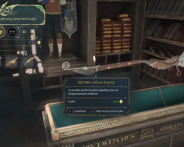 En la tienda de escobas de Hogwarts Legacy, se muestra la "Escoba Ascua Fugaz", ideal para jugadores con temperamento ardiente.