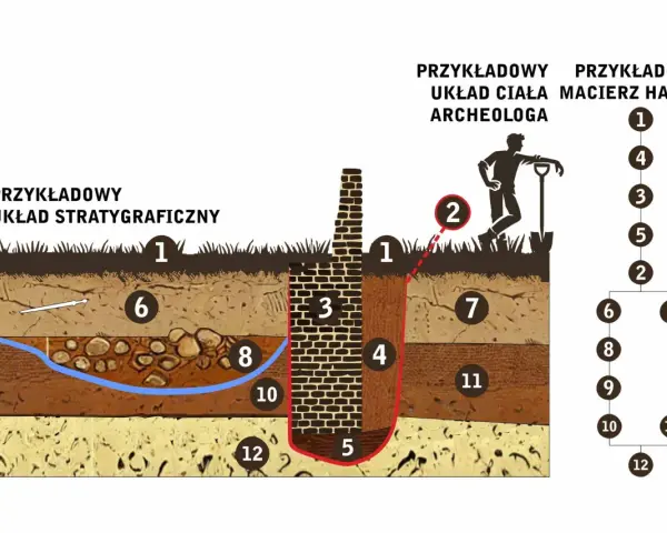Schemat stanowiska archeologicznego geoportal: przekrój ziemi z warstwami, archeolog i macierz Harissa.