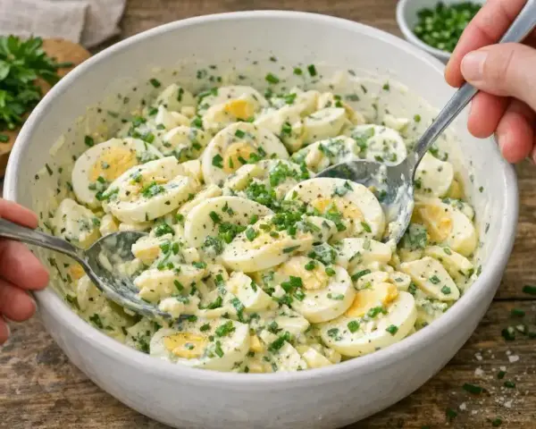Cremiger Eiersalat mit Schnittlauch, perfekt für ein schnelles eiersalat rezept. Zwei Löffel greifen in die Schüssel.