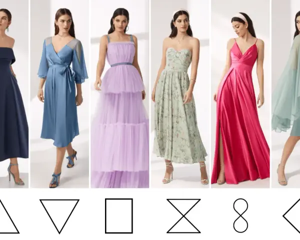 Abiti da cerimonia per fisico a pera: abiti blu navy, azzurro, lilla, floreale, fucsia e verde acqua.