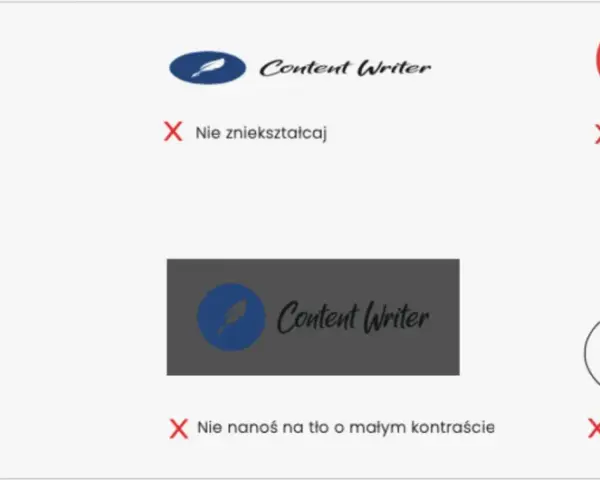 Zasady użycia logo Content Writer: nie obracaj, nie zniekształcaj, nie zmieniaj koloru, układu, tła ani obrysu. Zachowaj pole ochronne znaku.