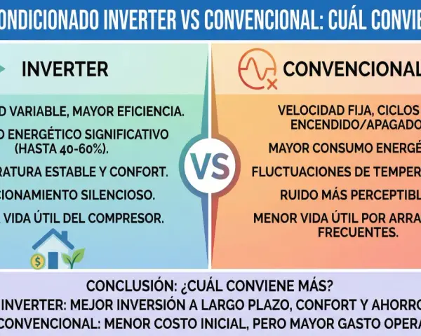 Comparativa de aire acondicionado Inverter vs. Convencional. El Inverter ofrece mayor eficiencia y ahorro, lo que significa que invertir en aire acondicionado Inverter es una mejor opción a largo plazo.